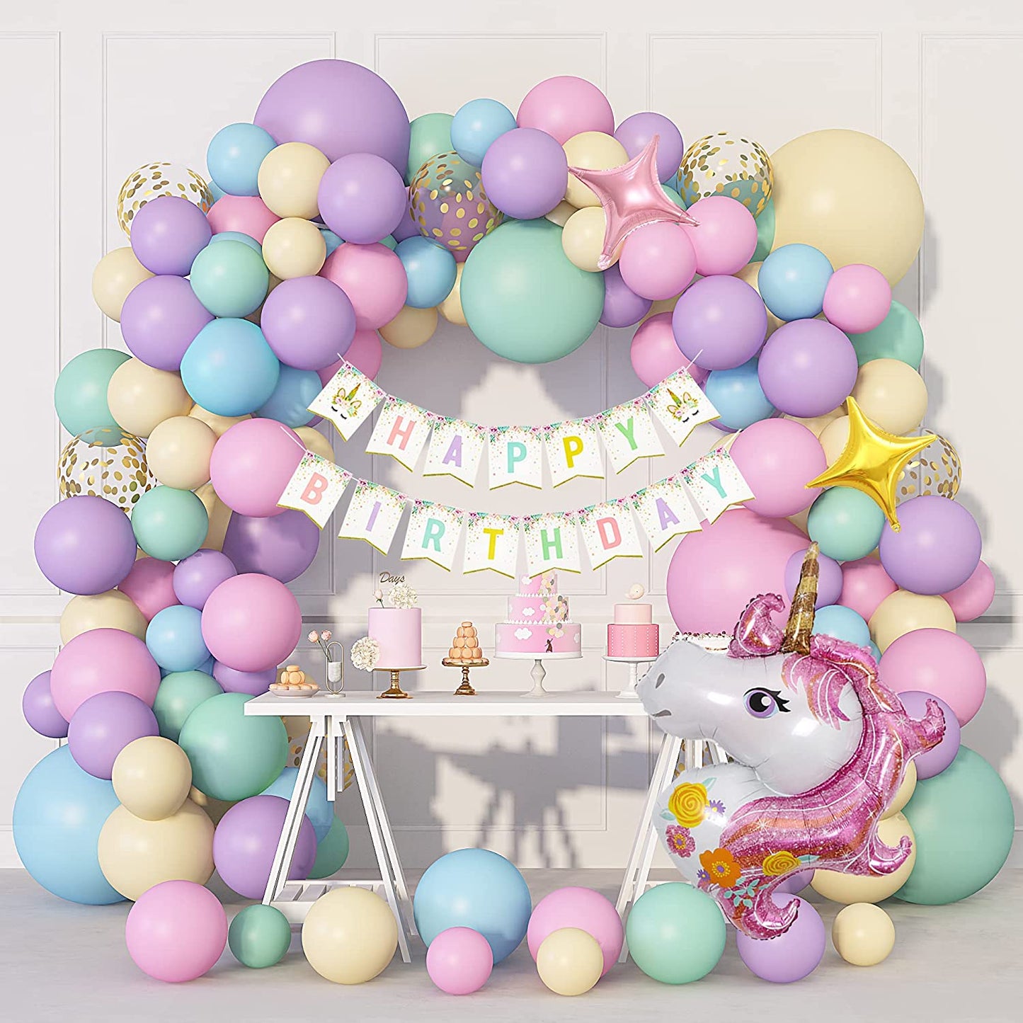 Macaron unicorn balloon garland