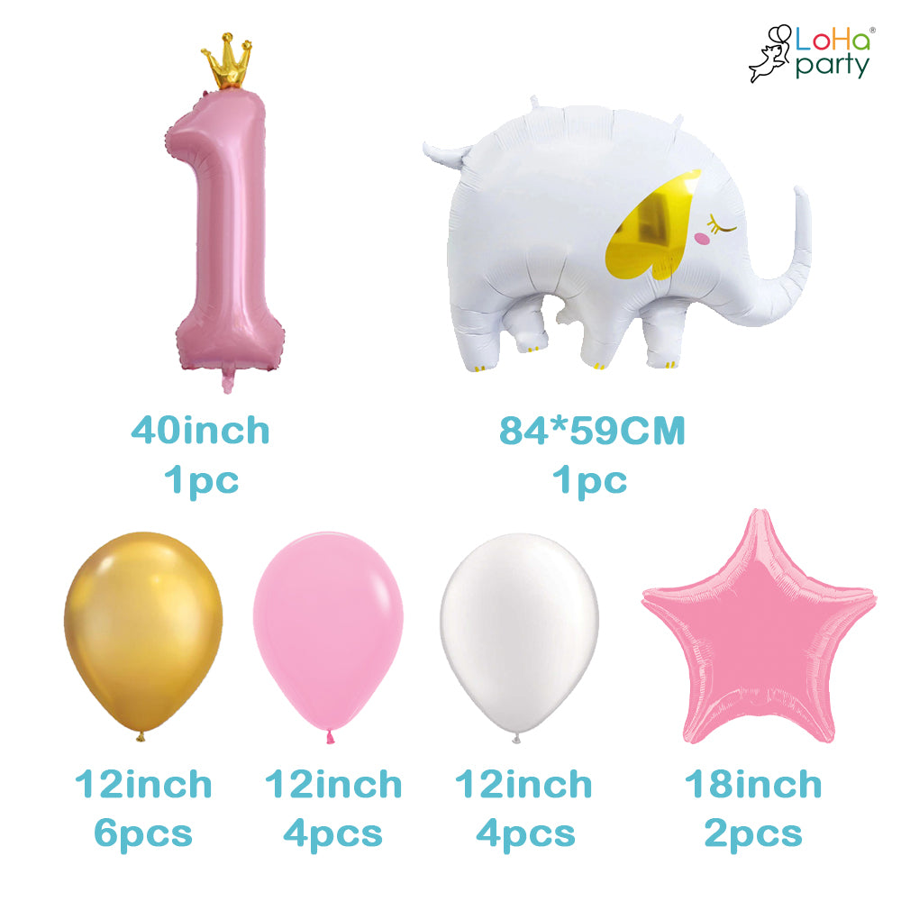 Pink Elephant Birthday Number Balloon Set